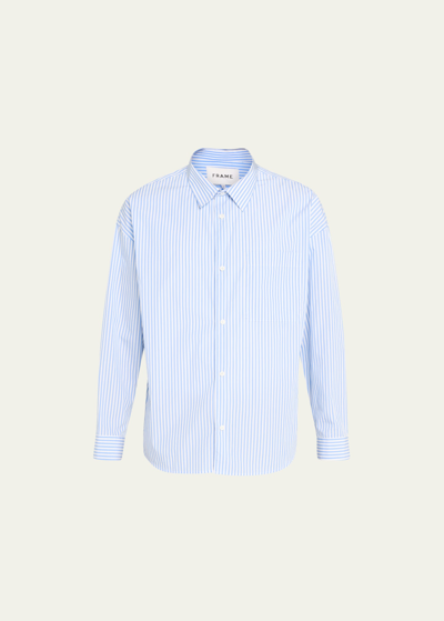Frame Men's Striped Relaxed Button-front Shirt In Blue Stripe