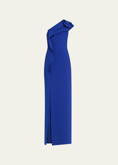 Rickie Freeman For Teri Jon Ruffle One-shoulder Crepe Column Gown In Cobalt