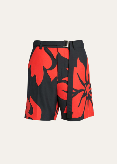Sacai Floral Embroidered Patch Suiting Shorts In Navyred