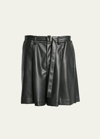 SACAI MEN'S BELTED FAUX LEATHER PLEATED-BACK SHORTS