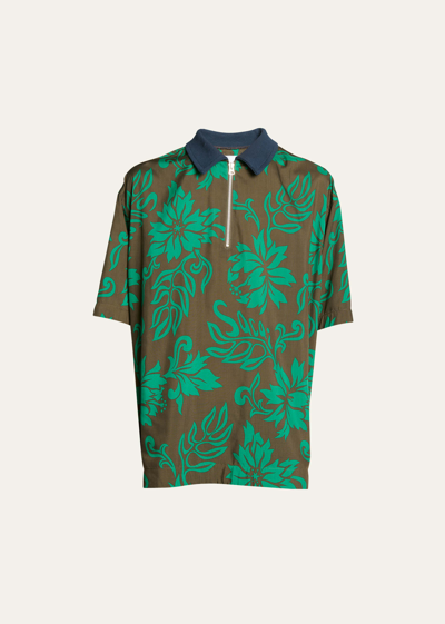 Sacai Men's Floral-print Quarter Zip Polo Shirt In Green
