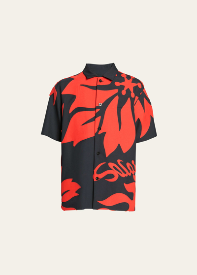 Sacai Men's Floral Patch Button Down Shirt In Navyred