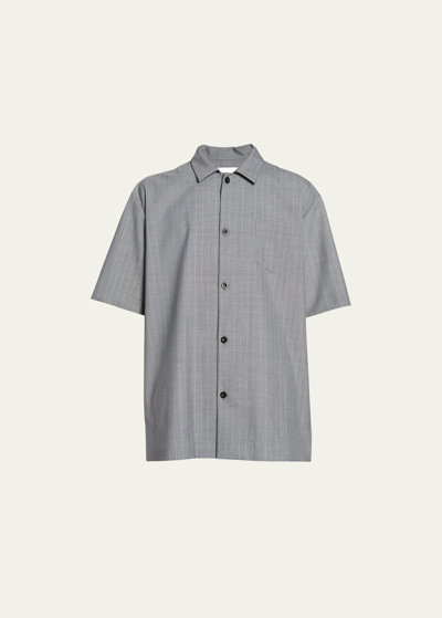 Sacai Men's Pleated-back Chalk Stripe Dress Shirt In Gray