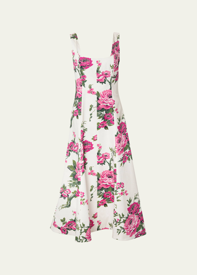 Carolina Herrera Floral-print Square-neck Midi Dress In White Multi