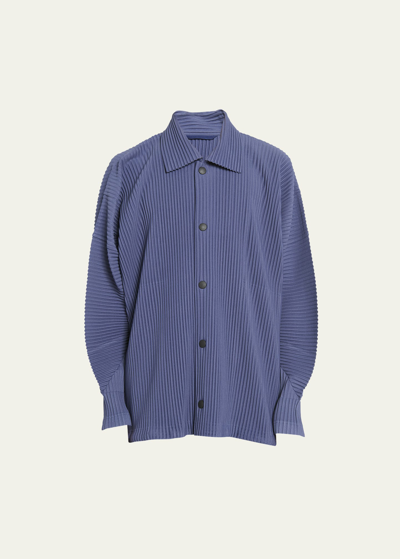 Issey Miyake Men's Pleated Snap-front Overshirt In Blue Charcoal