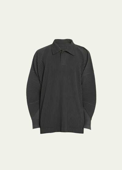 Issey Miyake Men's Solid Pleated Polo Shirt In Black