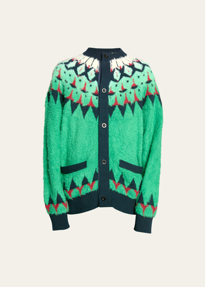 Sacai Jacquard-knit Relaxed-fit Cotton-blend Cardigan In Green
