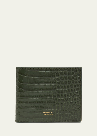 Tom Ford Men's Croc-effect Leather T-line Bifold Wallet In Green