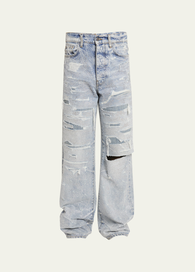 Amiri Men's Crystal-embellished Repaired Baggy Jeans In Perfect Indigo