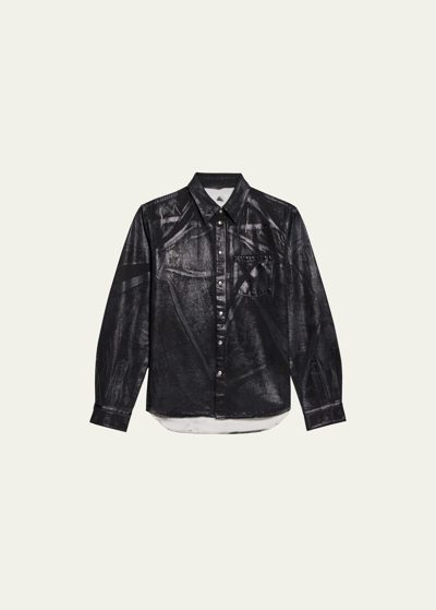 Helmut Lang Foiled Cotton Denim Shirt Jacket In Black Distress