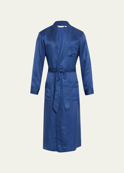 Derek Rose Woburn 8 Shawl-collar Striped Silk-satin Robe In Blue