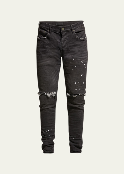 Purple Men's Slim-fit Distressed Low-rise Skinny Jeans In Blk Over Spray