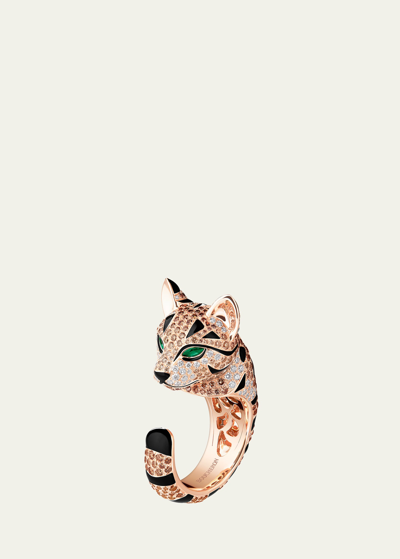 Boucheron Pink Gold Fuzzy The Leopard Cat Ring With Diamonds And Emeralds In Rose Gold