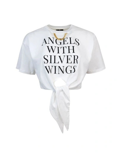 Elisabetta Franchi Slogan-print Self-tie Cotton T-shirt In 270gesso