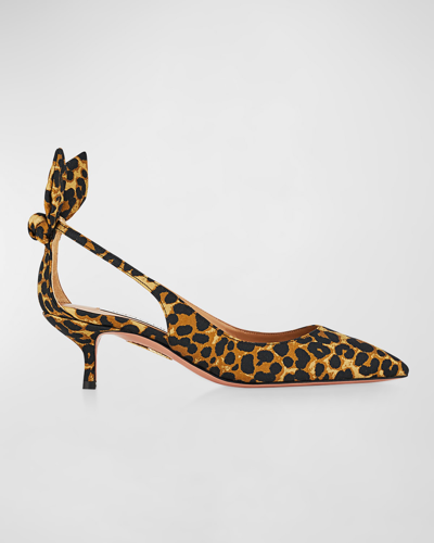 Aquazzura 50mm Leopard Bow Kitten-heel Pumps In Caramel