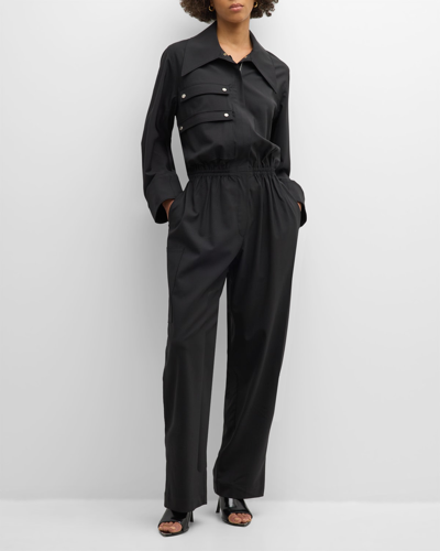 Co Wide-llar Long-sleeve Straight-leg Flight Jumpsuit In Black