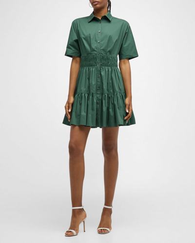 Veronica Beard Greta Short-sleeve Button-front Mini Dress In Forest Green