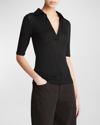 Vince Elbow-sleeve Silk Rib Polo Shirt In Black