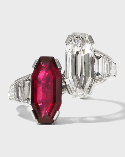 Bayco Platinum Emerald-cut Ruby And Diamond Twist Ring In 20 Platinum