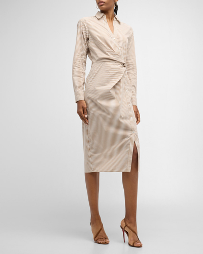 Veronica Beard Wright Striped Long-sleeve Midi Shirtdress In Acorn/white