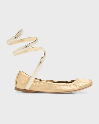 René Caovilla Metallic Snake-wrap Ballerina Flats In Gold