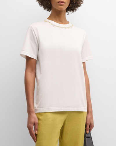 Fabiana Filippi Beaded Crewneck Cotton Jersey T-shirt In Bianco