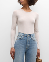 Majestic Soft Touch Flat-edge Long-sleeve Crewneck Top In White Metallic