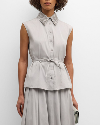 Fabiana Filippi Sleeveless Beaded Open-back Poplin Shirt In Gray