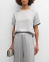 Fabiana Filippi Short-sleeve Crewneck Satin Top In Grigio Chiaro