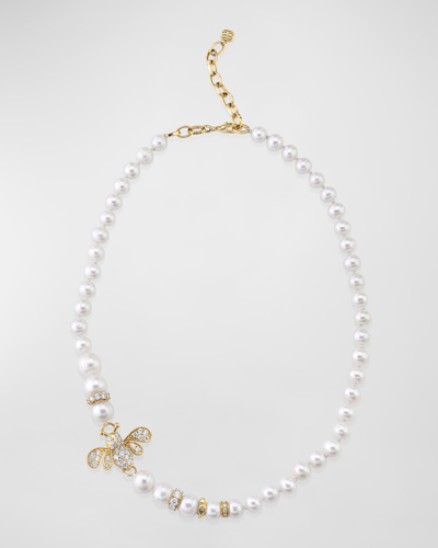 Sydney Evan 14k Yellow Gold Diamond Bee And Pearl Necklace In 60 Multi-colored