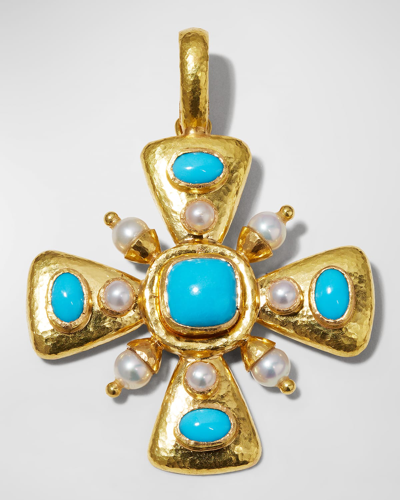 Elizabeth Locke Sleeping Beauty Turquoise And Pearl Maltese Cross Pendant In 05 Yellow Gold
