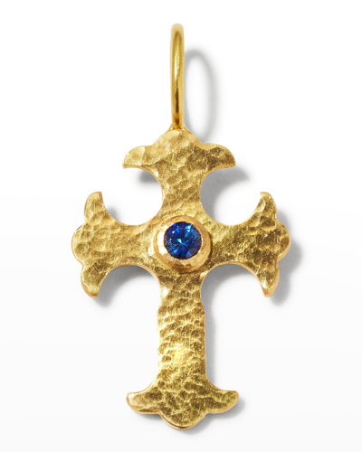 Elizabeth Locke Gothic Cross Pendant With 3.5mm Faceted Blue Sapphire Center In 05 Yellow Gold