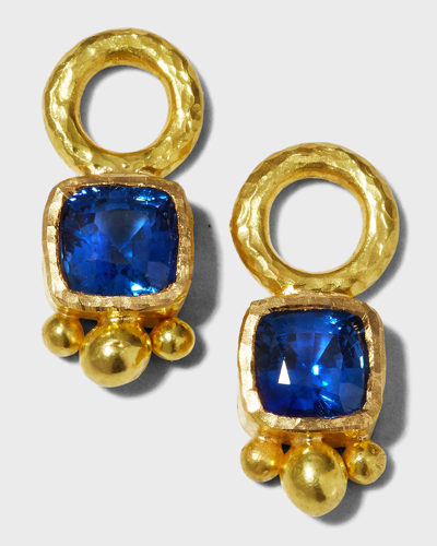 Elizabeth Locke 5mm Blue Sapphire Cushion Earring Charms With Gold Dot Triad In 05 Yellow Gold