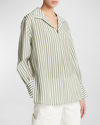 Vince Coast Stripe Shaped-collar Pullover Shirt In Sea Fern/optic Wh