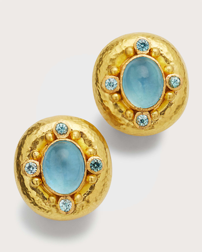 Elizabeth Locke 19k Yellow Gold Vertical Oval Cabochon Aquamarine Earrings With Blue Zircon In 05 Yellow Gold