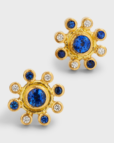 Elizabeth Locke 19k Yellow Gold Halo Stud Earrings With Blue Sapphires, Diamonds And Butterfly Backs In 05 Yellow Gold