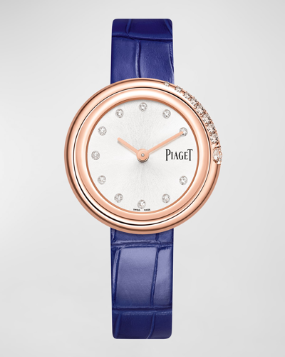 Piaget Possession 34mm Rose Gold Diamond Watch With Blue Alligator Strap In 15 Rose Gold