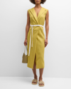 Fabiana Filippi Sleeveless Belted Linen Midi Wrap Dress In Pistacchio