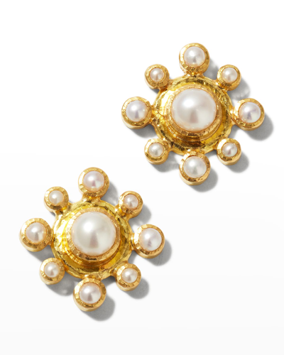 Elizabeth Locke 6mm White Pearl Stud Earrings With Pearl Halo In 05 Yellow Gold