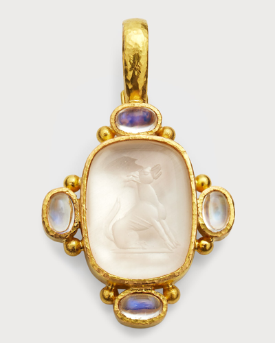 Elizabeth Locke 19k Rock Crystal Seated Whippet Cabochon Moonstone Pendant, 32x27mm In 05 Yellow Gold
