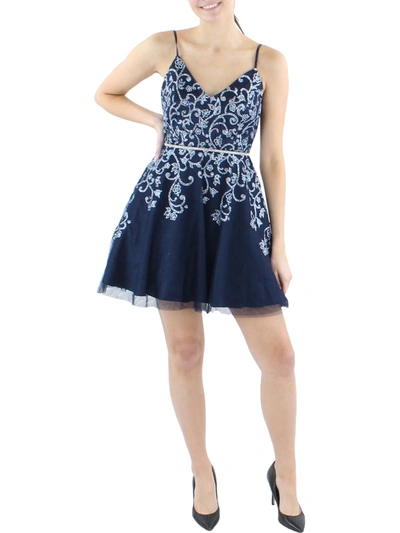 City Studio Juniors Womens Mesh Glitter Cocktail And Party Dress In Blue