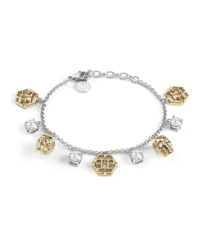 Philipp Plein Two-tone Stainless Steel Crystal, 3d $kull & Hexagon Logo Charm Bracelet In Multi