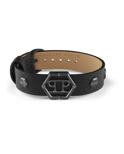 Philipp Plein Hexagon Studded Leather Bracelet In Black