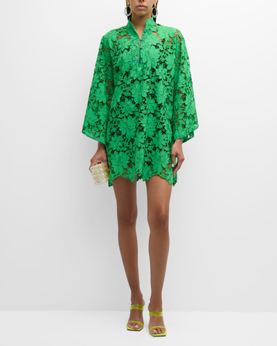 La Vie Style House High-collar Embroidered Floral Lace Mini Caftan In Bright Green