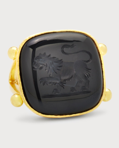 Elizabeth Locke 19k Onyx Lion Ring With Dot Granulation In 05 Yellow Gold