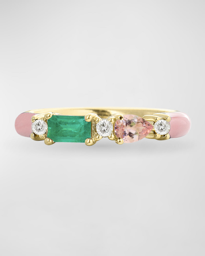 Stevie Wren 14k Yellow Gold Sapphire & Diamond Enamel Ring In Emerald Morganite