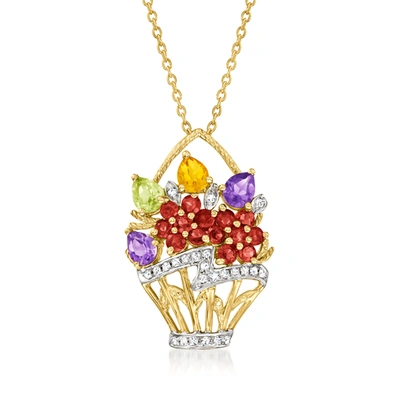 Ross-simons Multi-gemstone Flower Basket Pendant Necklace In 18kt Gold Over Sterling In Purple