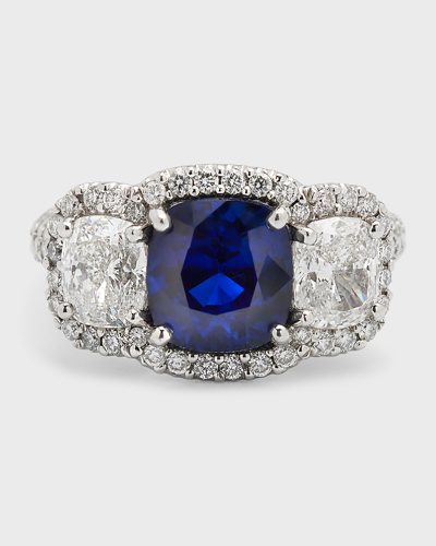 Bayco Platinum Cushion Blue Sapphire And 186 F/vvs1-vs Diamond Ring In 20 Platinum