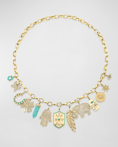 Sydney Evan 14k Yellow Gold Diamond And Turquoise Charm Necklace In 60 Multi-colored