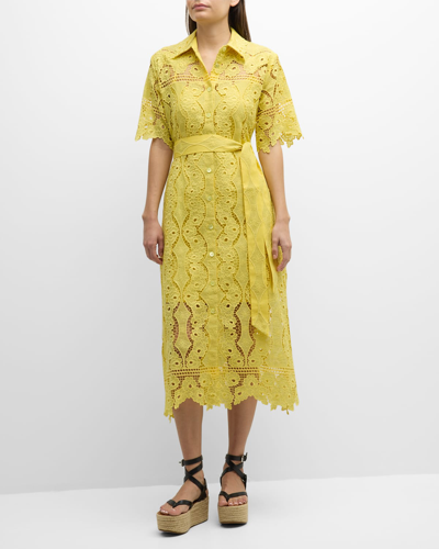 Evi Grintela Valerie Floral Lace Midi Shirtdress In Yellow